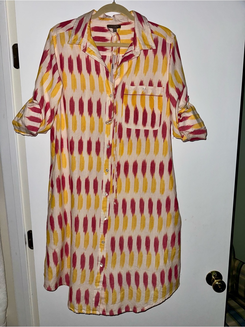NWT Lilla P Ikat Button-Front Midi Shirt Dress in Yellow & Pink